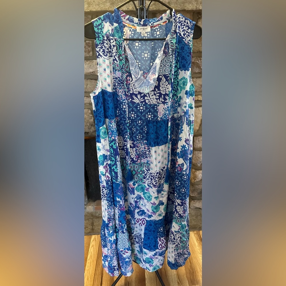 Umgee Blue Patchwork Boho Dress Large - image 1